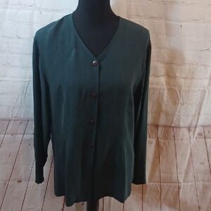 August Silk Misty Blue  Button Down Business Casual  Top 100%Silk  Blouse Sz L